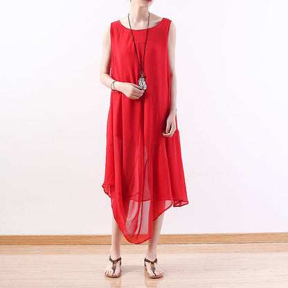 feines rotes Chiffonkleid Übergrößenkleidung asymmetrischer Saum Chiffonkleidung Kleider