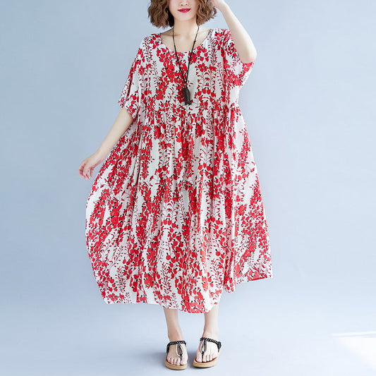 feines rotes Baumwoll-Leinen-Kleid, trendiges Plus-Size-Kurzarm-Print-Baggy-Kleid, Baumwollkleid 2018, V-Ausschnitt, Reisekleidung