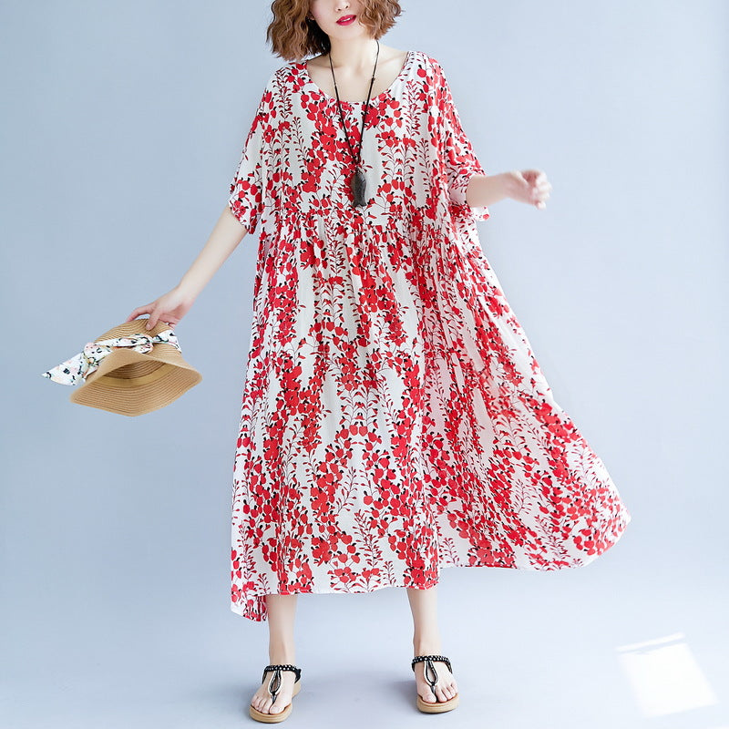feines rotes Baumwoll-Leinen-Kleid, trendiges Plus-Size-Kurzarm-Print-Baggy-Kleid, Baumwollkleid 2018, V-Ausschnitt, Reisekleidung