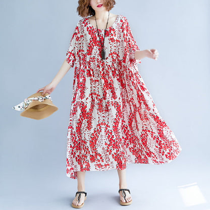 feines rotes Baumwoll-Leinen-Kleid, trendiges Plus-Size-Kurzarm-Print-Baggy-Kleid, Baumwollkleid 2018, V-Ausschnitt, Reisekleidung
