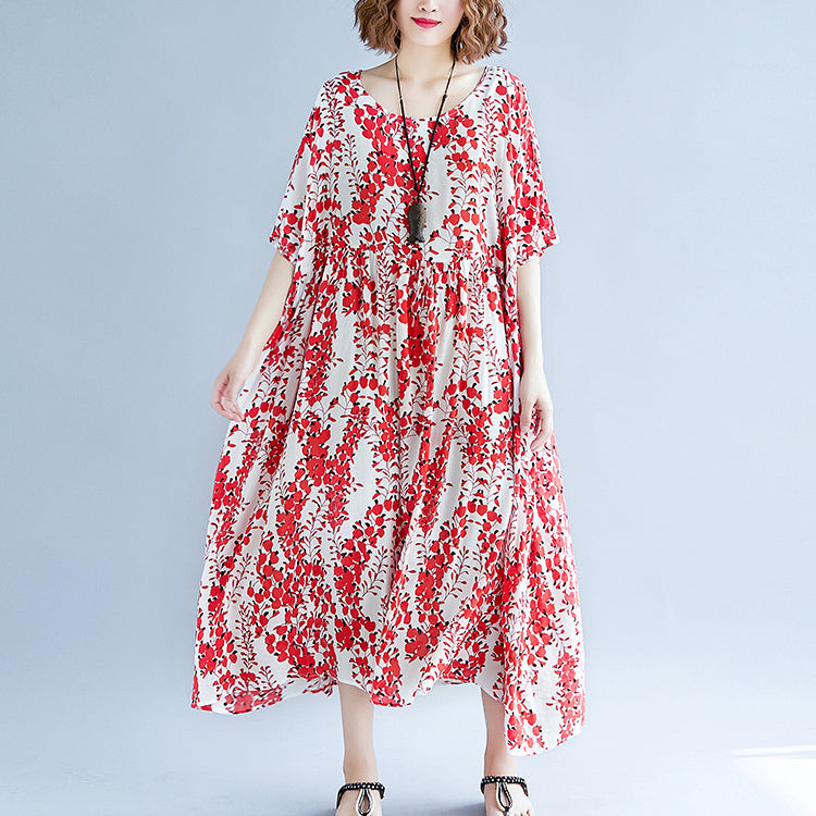feines rotes Baumwoll-Leinen-Kleid, trendiges Plus-Size-Kurzarm-Print-Baggy-Kleid, Baumwollkleid 2018, V-Ausschnitt, Reisekleidung