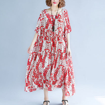 feines rotes Baumwoll-Leinen-Kleid, trendiges Plus-Size-Kurzarm-Print-Baggy-Kleid, Baumwollkleid 2018, V-Ausschnitt, Reisekleidung