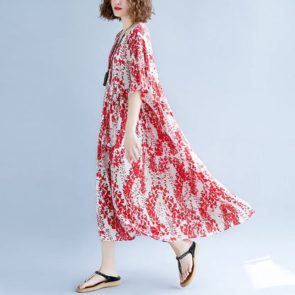 feines rotes Baumwoll-Leinen-Kleid, trendiges Plus-Size-Kurzarm-Print-Baggy-Kleid, Baumwollkleid 2018, V-Ausschnitt, Reisekleidung