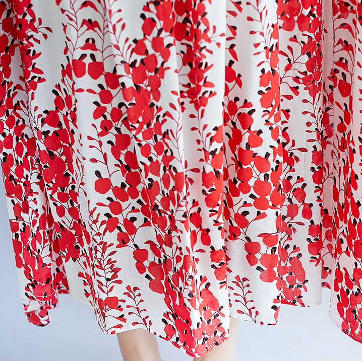 feines rotes Baumwoll-Leinen-Kleid, trendiges Plus-Size-Kurzarm-Print-Baggy-Kleid, Baumwollkleid 2018, V-Ausschnitt, Reisekleidung