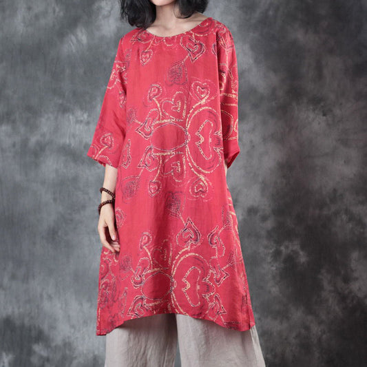 feine rote Leinenoberteile Oversize-Reisebluse Damen Halbarm-Print O-Ausschnitt Leinenblusen