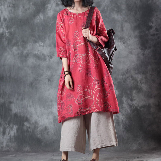 feine rote Leinenoberteile Oversize-Reisebluse Damen Halbarm-Print O-Ausschnitt Leinenblusen