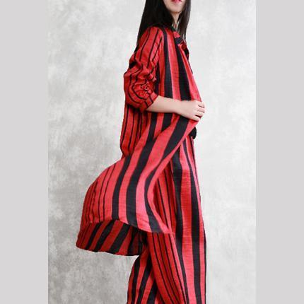 Feines rot gestreiftes Seidenleinen, zweiteiliges Oberteil in Übergröße, Damen, langärmelige Umlegekragen-Oberteile aus Seidenleinen, Vintage-Baggy-Hose