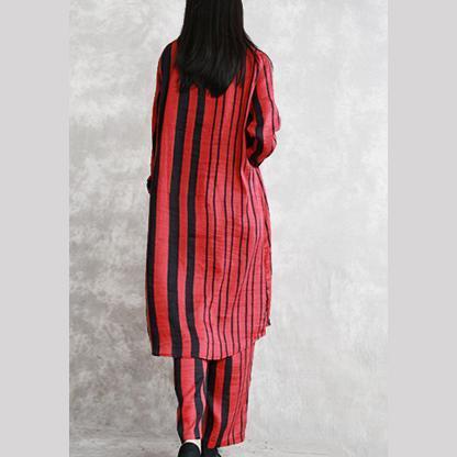 Feines rot gestreiftes Seidenleinen, zweiteiliges Oberteil in Übergröße, Damen, langärmelige Umlegekragen-Oberteile aus Seidenleinen, Vintage-Baggy-Hose