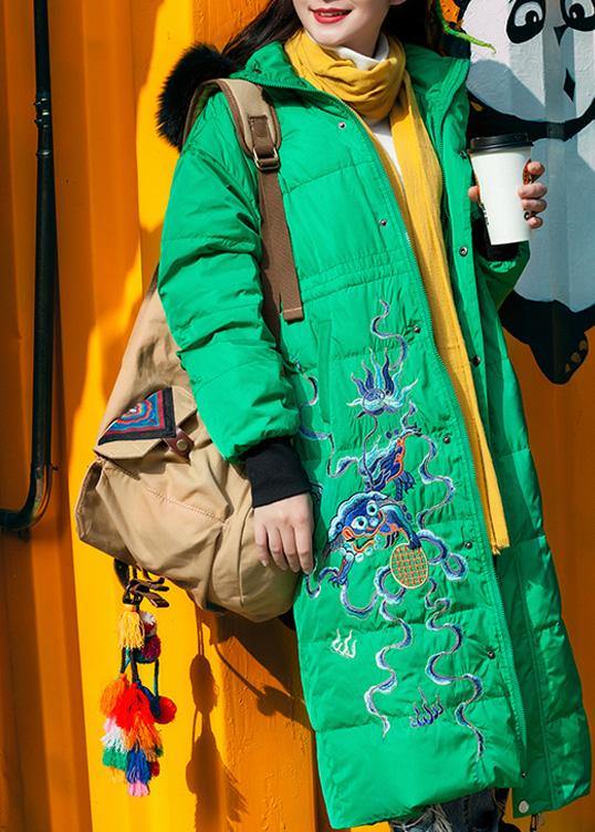 fine trendy plus size snow jackets embroidery overcoat green hooded duck down coat - SooLinen