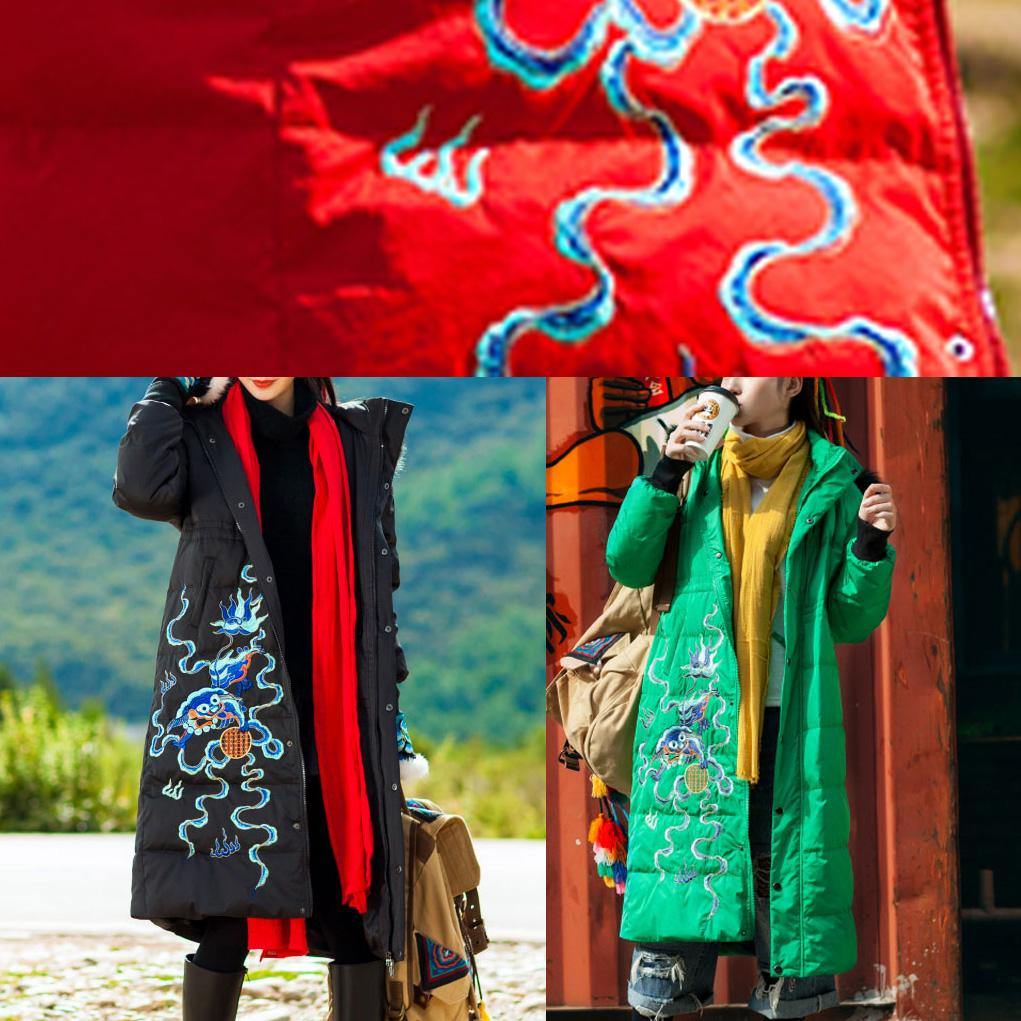 fine trendy plus size snow jackets embroidery overcoat green hooded duck down coat - SooLinen