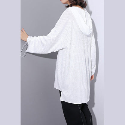 fine white Midi-length cotton blended t shirt oversized Hooded baggy traveling clothing casual long sleeve asymmetrical design cotton blended tops