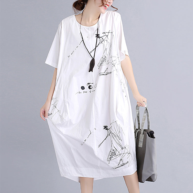 feines weißes Baumwollkleid Plus Size Reisekleid Vintage O-Ausschnitt Prints natürliches Baumwollkleid
