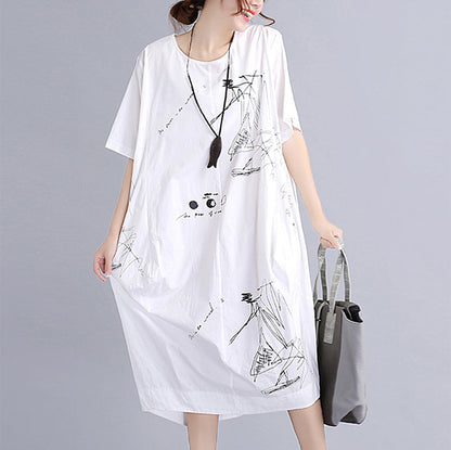 feines weißes Baumwollkleid Plus Size Reisekleid Vintage O-Ausschnitt Prints natürliches Baumwollkleid