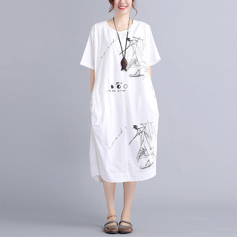 feines weißes Baumwollkleid Plus Size Reisekleid Vintage O-Ausschnitt Prints natürliches Baumwollkleid
