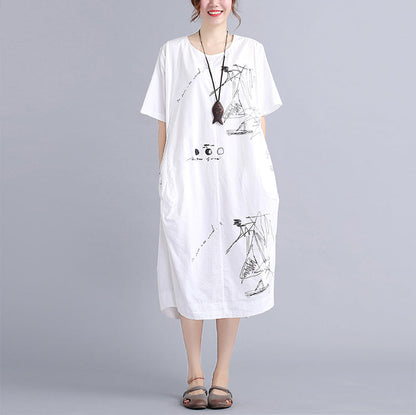 feines weißes Baumwollkleid Plus Size Reisekleid Vintage O-Ausschnitt Prints natürliches Baumwollkleid