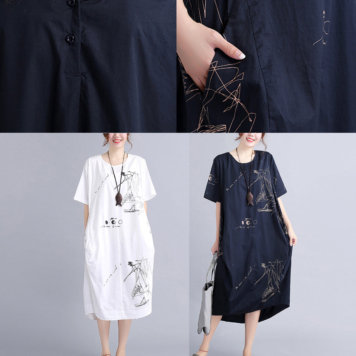 feines weißes Baumwollkleid Plus Size Reisekleid Vintage O-Ausschnitt Prints natürliches Baumwollkleid