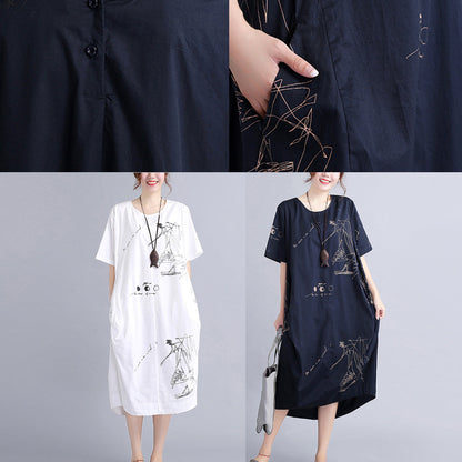 feines weißes Baumwollkleid Plus Size Reisekleid Vintage O-Ausschnitt Prints natürliches Baumwollkleid