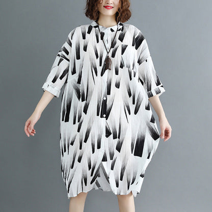 feines weißes Printkleid aus natürlichem Baumwollleinen übergroßes Maxikleid feine Halbarm-O-Ausschnitt-Stand-Baumwollkleidung