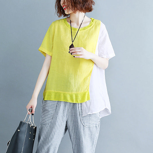 Feine gelbe Baumwoll-Leinen-Oberteile in Übergröße, Leinen-Kleidungsoberteile 2018, O-Ausschnitt, Patchwork, kurze Ärmel, kurzes T-Shirt