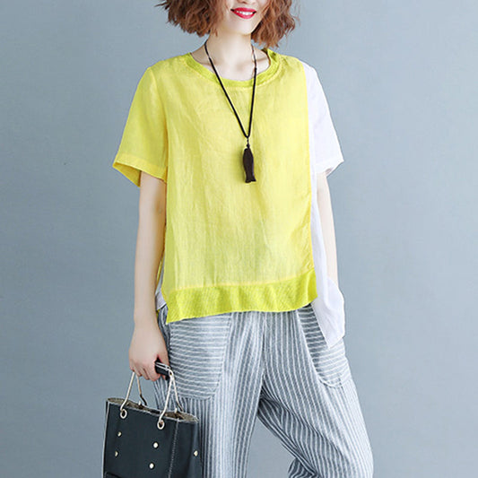 Feine gelbe Baumwoll-Leinen-Oberteile in Übergröße, Leinen-Kleidungsoberteile 2018, O-Ausschnitt, Patchwork, kurze Ärmel, kurzes T-Shirt