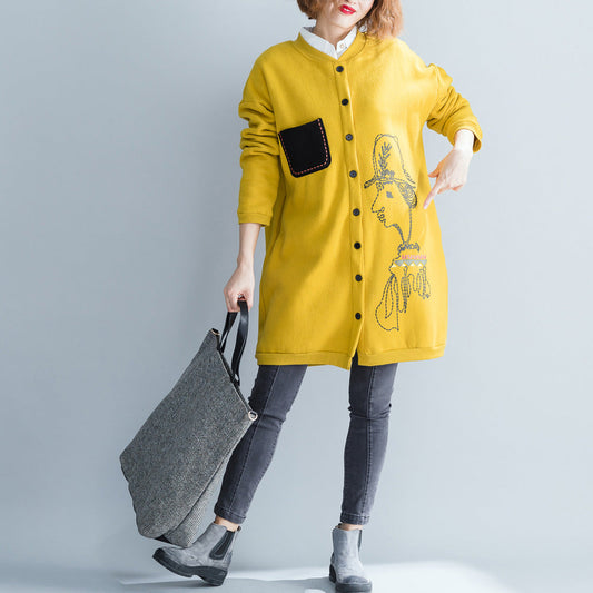 Feine gelbe Baumwolloberteile, trendiges Plus-Size-Baumwoll-T-Shirt mit O-Ausschnitt und Button-Down-Print