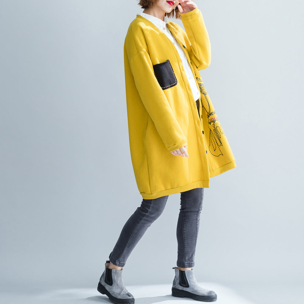 fine yellow cotton tops trendy plus size cotton o neck print Button Down t shirt