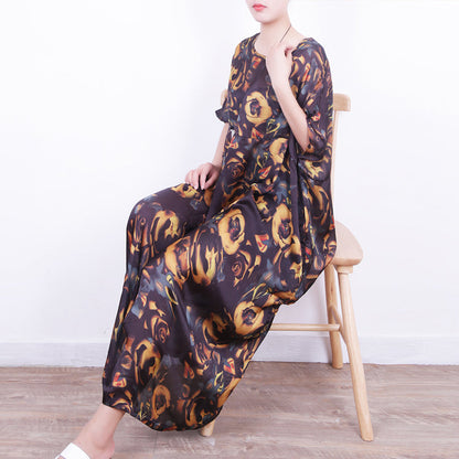 feines gelbes Seidenkleid mit Blumenmuster, Chiffon-Kleidung in Übergröße, Patchwork-Reisekleid, feine Kaftane mit Rundhalsausschnitt