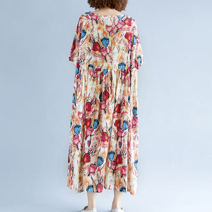 feines gelbes langes Baumwoll-Leinen-Kleid übergroßes Kurzarm-Baggy-Kleid mit Print, lässiges O-Ausschnitt-Reisekleid