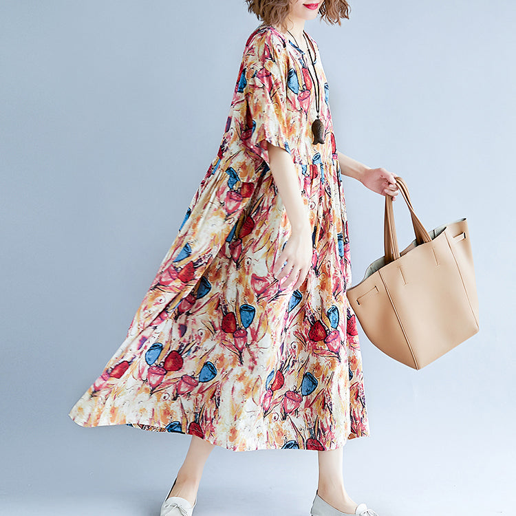 feines gelbes langes Leinenkleid übergroßes Kurzarm-Baumwollkleid mit Print 2018 O-Ausschnitt Leinen-Baumwollkleid