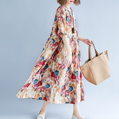 feines gelbes langes Leinenkleid übergroßes Kurzarm-Baumwollkleid mit Print 2018 O-Ausschnitt Leinen-Baumwollkleid