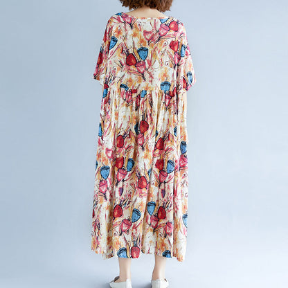 feines gelbes langes Leinenkleid übergroßes Kurzarm-Baumwollkleid mit Print 2018 O-Ausschnitt Leinen-Baumwollkleid