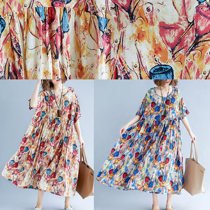 feines gelbes langes Leinenkleid übergroßes Kurzarm-Baumwollkleid mit Print 2018 O-Ausschnitt Leinen-Baumwollkleid