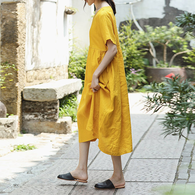feines gelbes Naturleinenkleid trendige Plus-Size-Reisekleidung mit O-Ausschnitt Elegante Maxikleider mit kurzen Ärmeln und Taillenbund