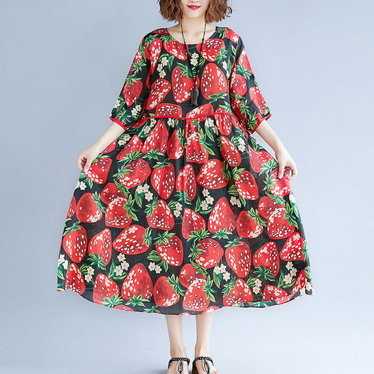 trendiges schwarzes Sommerkleid aus Seidenmischung mit O-Ausschnitt und kurzen Ärmeln, Sommerkleid mit Print und Baggy-Kleidern