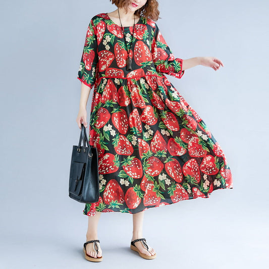 trendiges schwarzes Sommerkleid aus Seidenmischung mit O-Ausschnitt und kurzen Ärmeln, Sommerkleid mit Print und Baggy-Kleidern