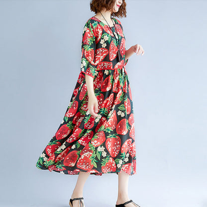 trendiges schwarzes Sommerkleid aus Seidenmischung mit O-Ausschnitt und kurzen Ärmeln, Sommerkleid mit Print und Baggy-Kleidern