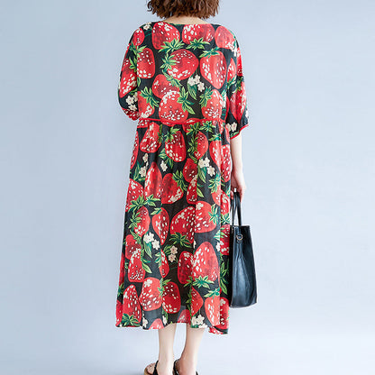 trendiges schwarzes Sommerkleid aus Seidenmischung mit O-Ausschnitt und kurzen Ärmeln, Sommerkleid mit Print und Baggy-Kleidern