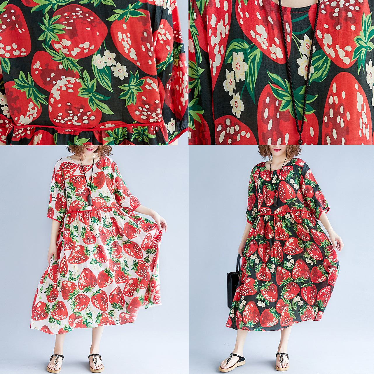 trendiges schwarzes Sommerkleid aus Seidenmischung mit O-Ausschnitt und kurzen Ärmeln, Sommerkleid mit Print und Baggy-Kleidern