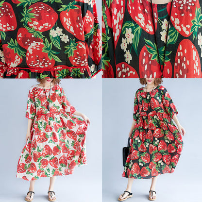 trendiges schwarzes Sommerkleid aus Seidenmischung mit O-Ausschnitt und kurzen Ärmeln, Sommerkleid mit Print und Baggy-Kleidern