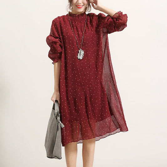 trendiges burgunderrotes gepunktetes Sommerkleid Stand Langarm Brautjungfernkleid Cinched Tüllkleid