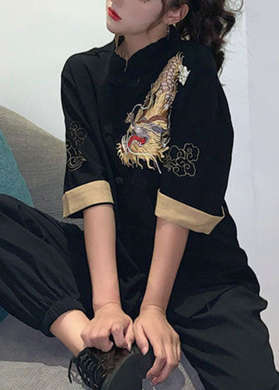 Vintage Schwarzer Knopf Stehkragen Bestickte Baumwolloberteile Halbarm