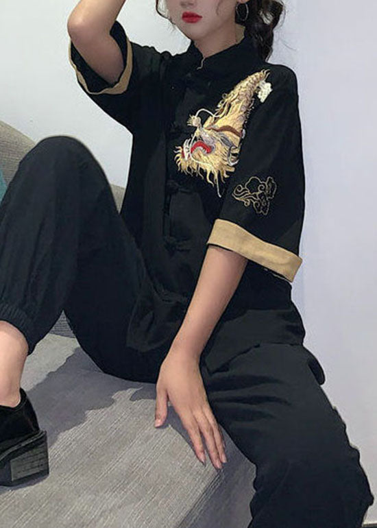 Vintage Schwarzer Knopf Stehkragen Bestickte Baumwolloberteile Halbarm