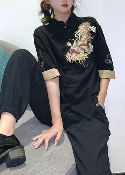 Vintage Schwarzer Knopf Stehkragen Bestickte Baumwolloberteile Halbarm