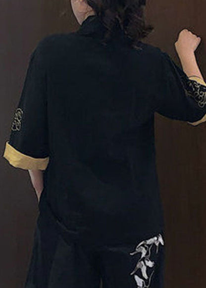 Vintage Schwarzer Knopf Stehkragen Bestickte Baumwolloberteile Halbarm