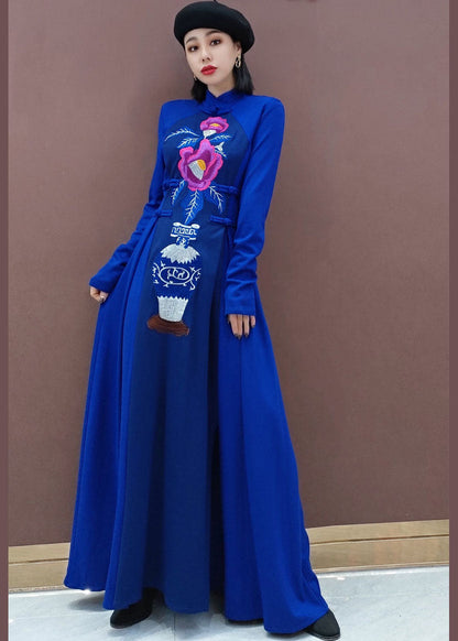 Vintage Blau Stehkragen Bestickt lange Kleider Frühling