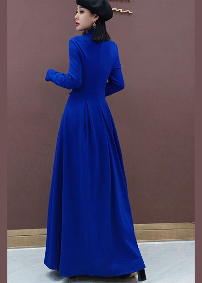 Vintage Blau Stehkragen Bestickt lange Kleider Frühling