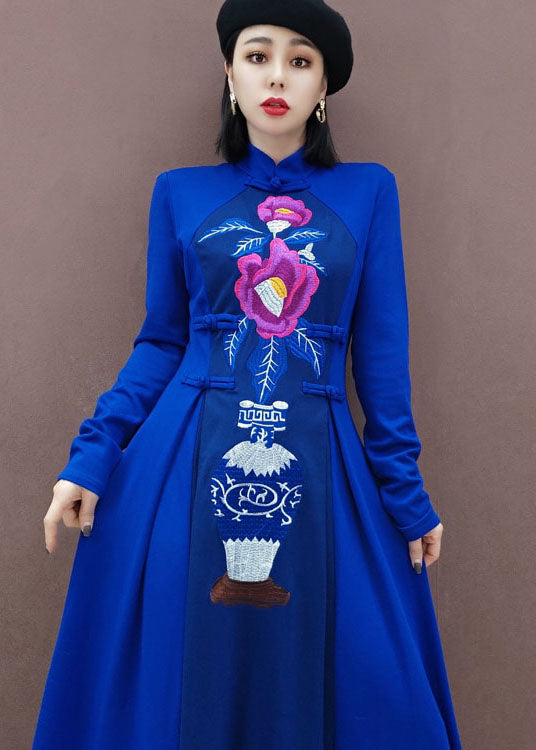 Vintage Blau Stehkragen Bestickt lange Kleider Frühling