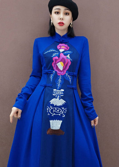 Vintage Blau Stehkragen Bestickt lange Kleider Frühling