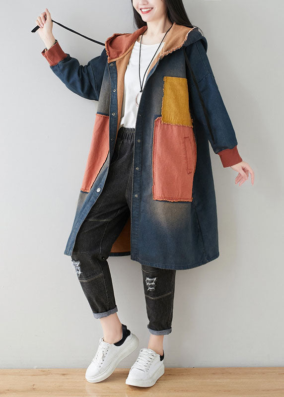 vintage Blue pockets Patchwork Hooded coats Spring