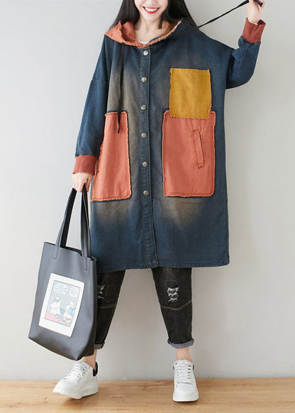 vintage Blue pockets Patchwork Hooded coats Spring